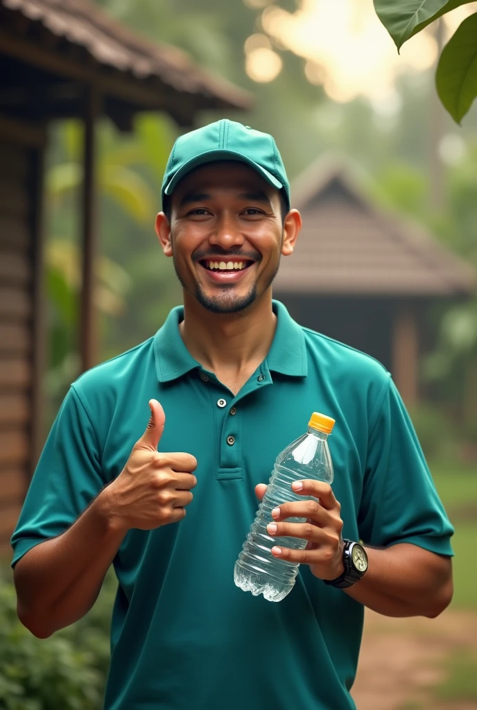 (photorealism:1.2), Handsome Indonesian Technical service man, half body, wearing tosca t-shirt polo with hat tosca, holding a bottle water mineral and showing a thumb, smile expression, with rainy weather, Indonesian village housing background, outdoor, soft lighting, plants in background, cozy room, relaxed pose, realistic, intricate details, warm colors