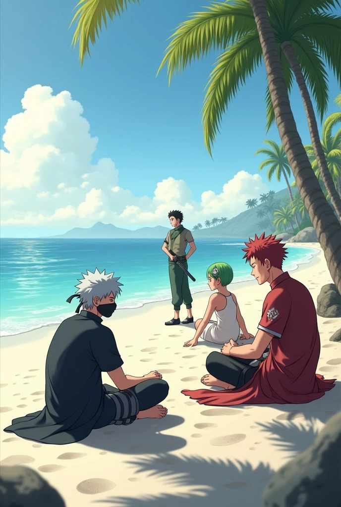 Kakashi hatake , Sabakuno Gaara , Might guy and Zoro chilling on beach