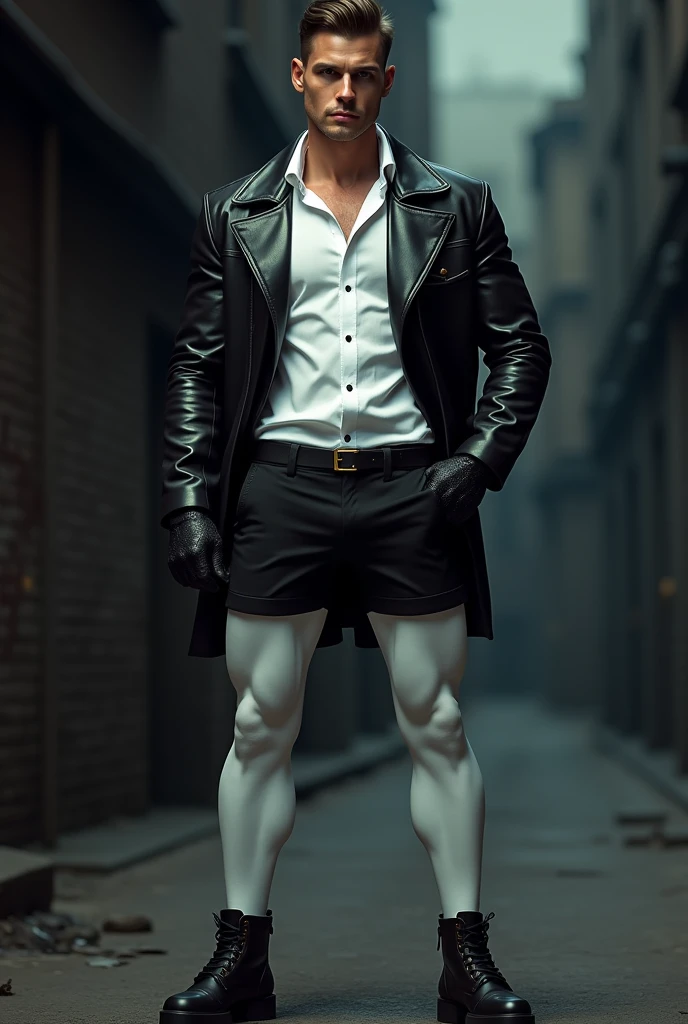 Masculine man wearing white stockings, a black shorts, a white shirt and a black leather jacket, black boots and gloves