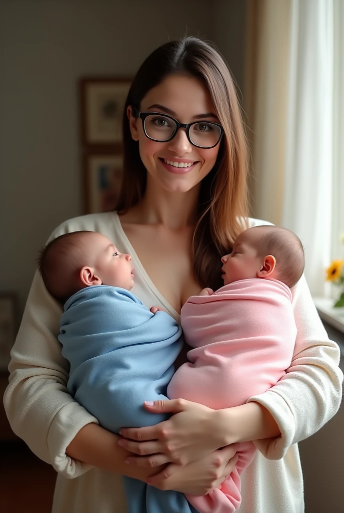 40 year old woman with straight brown hair wearing glasses holding two babies one in blue and one in pink

