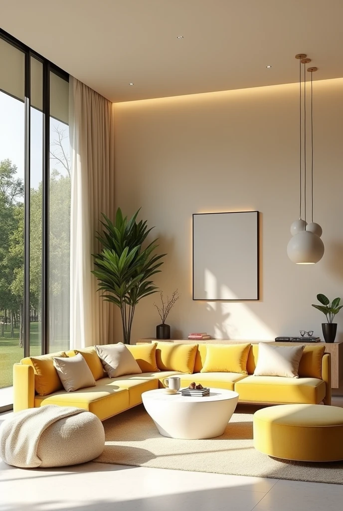 Professional 3d architecture rendering design of modern and minimal relax room with light lemon colour modern velvet 2 Florence sofa and white stone marble table modern and modern ceiling lighting and elegant ceiling lighting and light wooden consulate and modern ceiling lighting and elegant wall painting and elegant accessories and elegant green space and beautiful wall painting and modern windows and beautiful curtains and warm color for carpet and beautiful relax room and small library and cozy coffee table and white cozy blanket for sofa and garden view and one cupcake and one cup of coffee in the table and one cup of tea on the table and many one dish with strawberries and blueberries and one dish with chocolate and one book on the sofa
