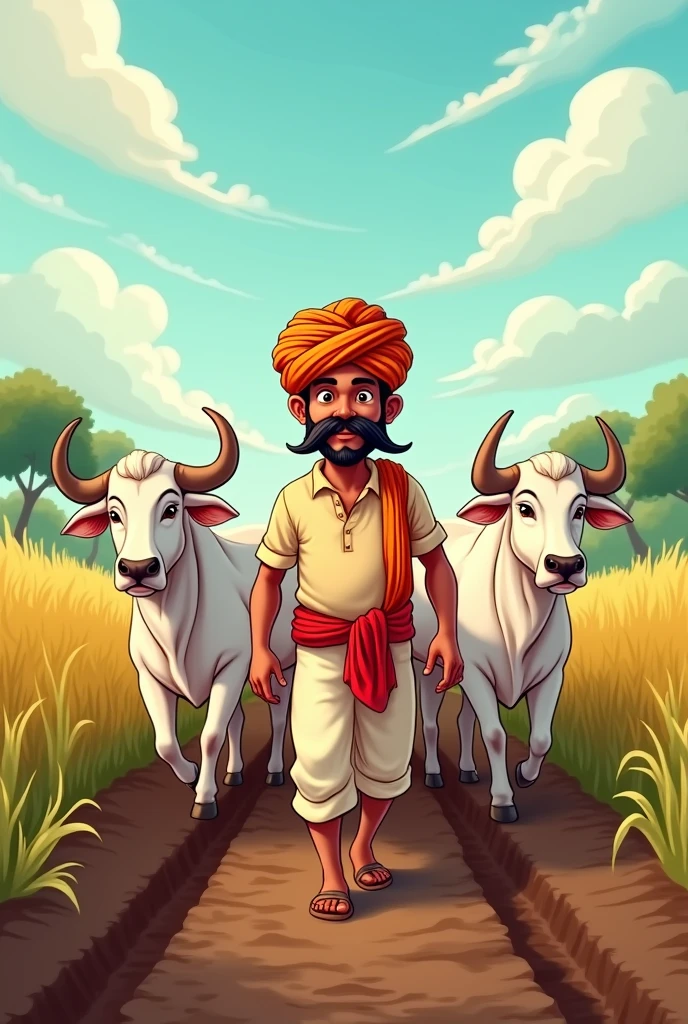 Create a cartoon vector art with a good looking innocent face strong farmer wearing pagdi and having a long desi mustache with two white bulls tied up with plough while tilting the land.