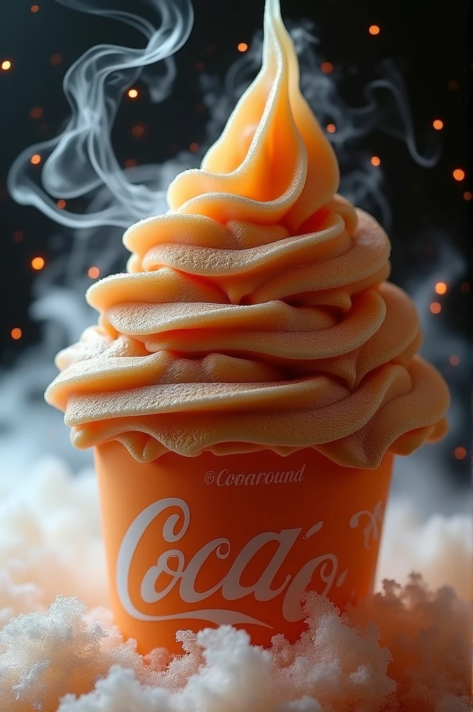 Image of an ice cream the color of Coca Cola made with dry ice and glycerin 