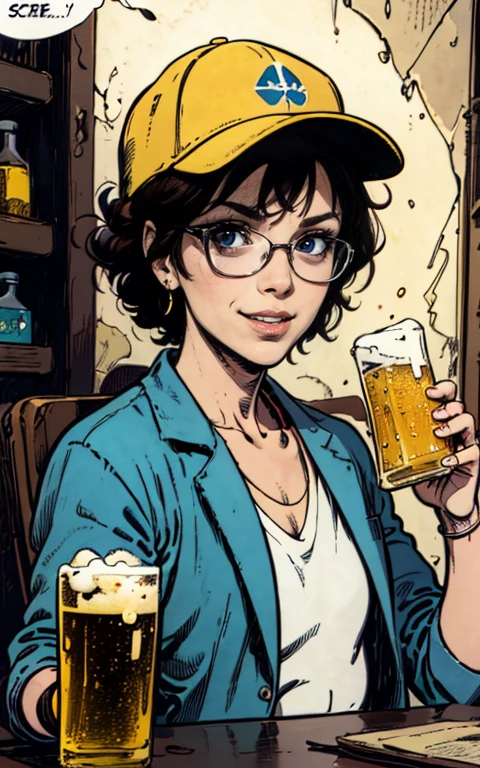 best quality,highres:1.2),ultra-detailed, (pencil drawn portrait of a Male geeky mad scientist,) baseball cap, short hair, scientist lab coat, genius expression, glasses shining ,intelligent eyes, mischievous smile, raised eyebrow, (holding a glass of beer in one hand and a test tube in the other hand,) dark background, colourful test tubes, glowing green flask, scientific equipment, quirky and eccentric personality, chaotic energy, sci-fi elements, 80s retro comic book style, vibrant colours, dynamic lighting.