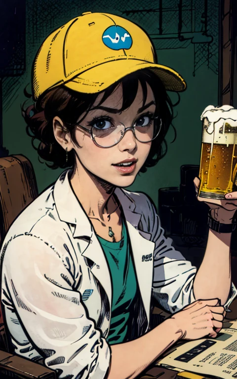 best quality,highres:1.2),ultra-detailed, (pencil drawn portrait of a Male geeky mad scientist,) baseball cap, short hair, scientist lab coat, genius expression, glasses shining ,intelligent eyes, mischievous smile, raised eyebrow, (holding a glass of beer in one hand and a test tube in the other hand,) dark background, colourful test tubes, glowing green flask, scientific equipment, quirky and eccentric personality, chaotic energy, sci-fi elements, 80s retro comic book style, vibrant colours, dynamic lighting.