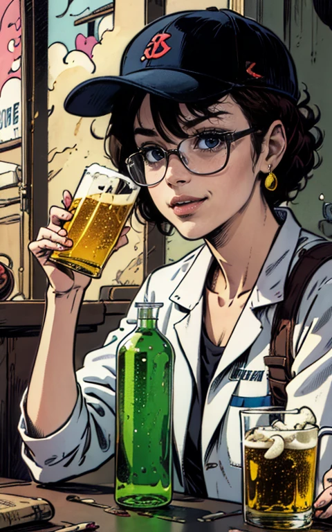 best quality,highres:1.2),ultra-detailed, (pencil drawn portrait of a Male geeky mad scientist,) baseball cap, short hair, scientist lab coat, genius expression, glasses shining ,intelligent eyes, mischievous smile, raised eyebrow, (holding a glass of beer in one hand and a test tube in the other hand,) dark background, colourful test tubes, glowing green flask, scientific equipment, quirky and eccentric personality, chaotic energy, sci-fi elements, 80s retro comic book style, vibrant colours, dynamic lighting.