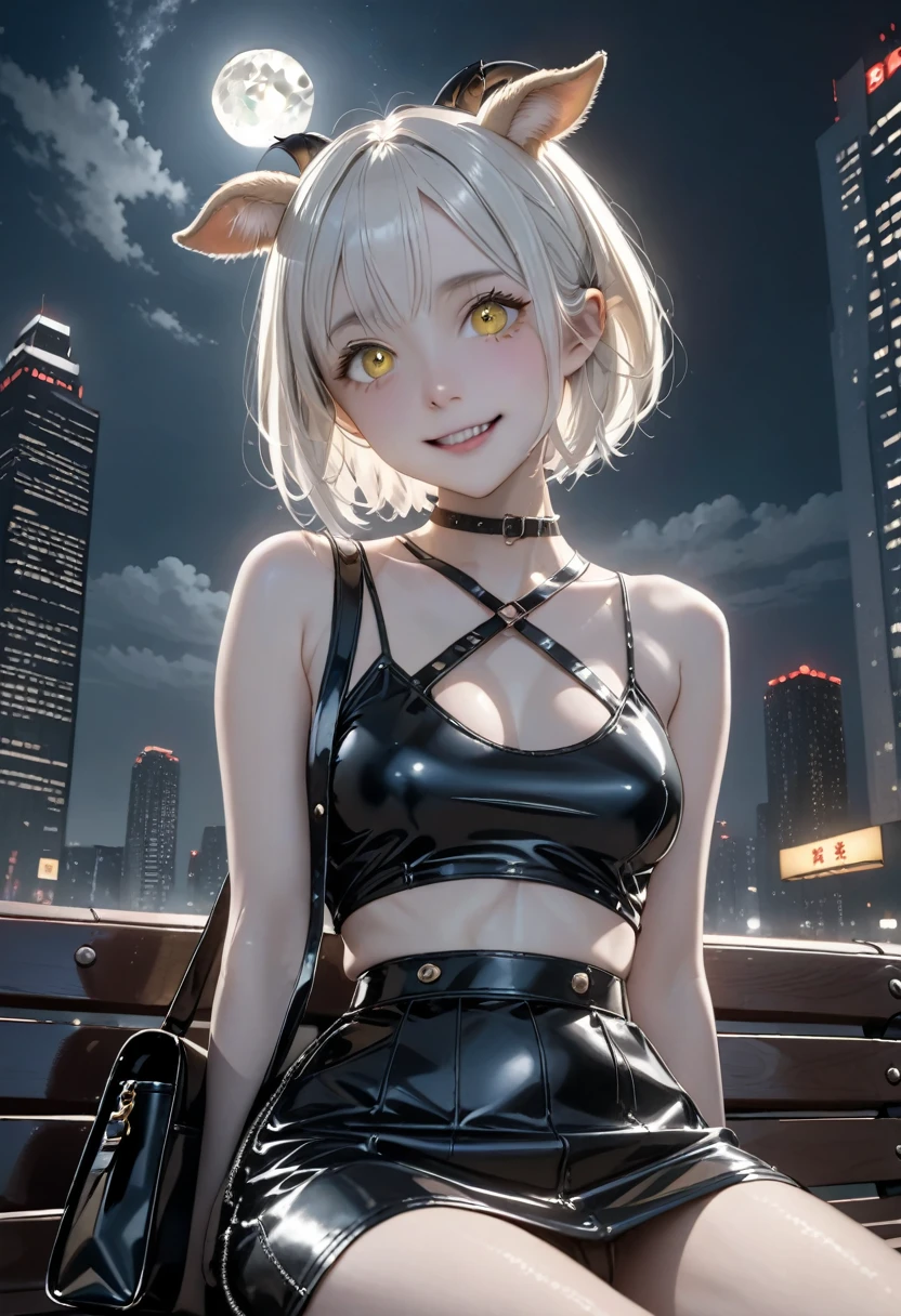 black and white bicolor hair, ,Asymmetrical hair, short hair,Crazy eyed woman。Sitting on a bench with legs apart。Realistic pussy。Close up on the clitoris。Yellow Eyes, smile。Black latex long skirt。Latex black sleeveless。Black messenger bag。Goat ears,Lonely。Dark atmosphere。A group of realistic buildings。Skyscraper。full moon。Beautiful night view。Cowboy Shot。Cinema Lighting ,masterpiece,, Highest quality, 8k.