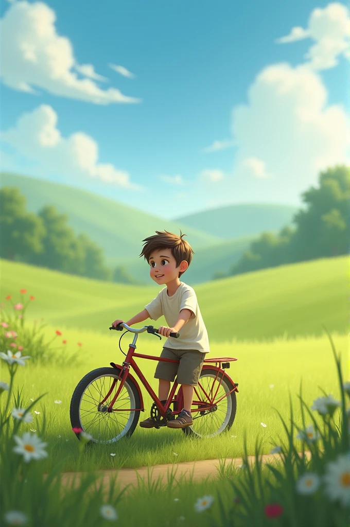 A blessed boy came to the field to learn to ride a bicycle