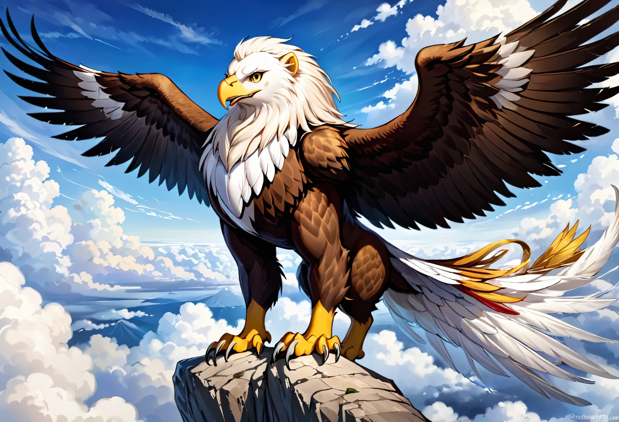 A griffin (head and mane of a white eagle, huge eagle wings attached to the shoulders, fore legs and talons of a bald eagle, body and hind legs of a lion, lion tail) flies majestically in the clouds