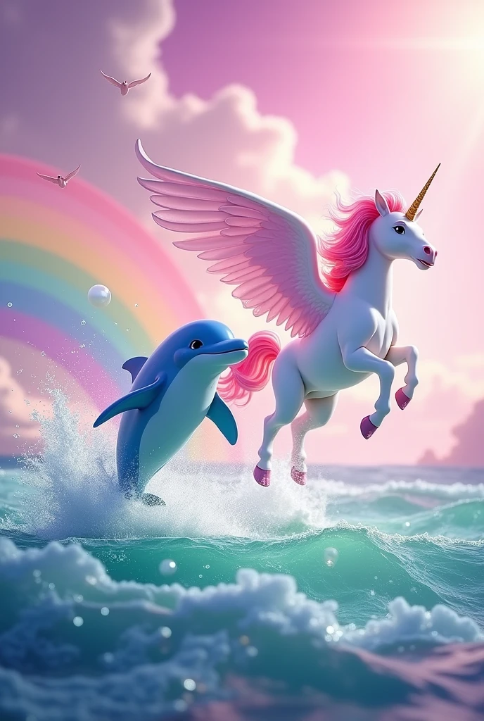 Realistic blue dolphin and unicorn with pink hair and big wings jumping in multicolored sea and pink sky with lots of bubbles all around and rainbow with pastel colors and birds flying in the sky