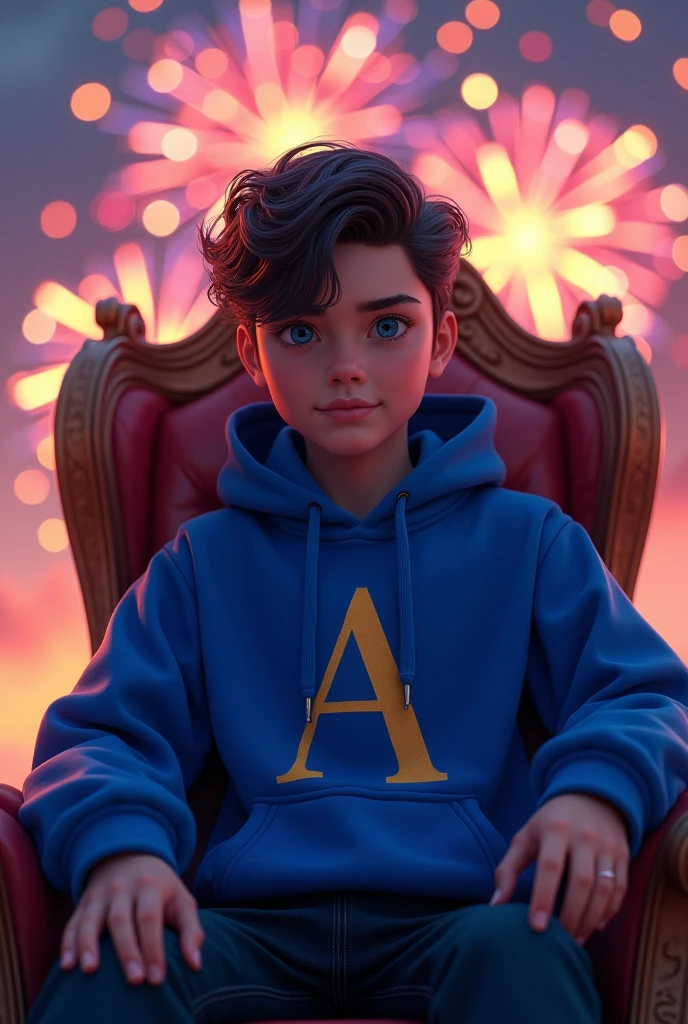 An age boy wearing a royal blue hoddy printed letter A and sitting on a thron have big and attractive drown eye's with cool hair style with a beautiful background in night crackers flying in the sky which makes the boy look more good
