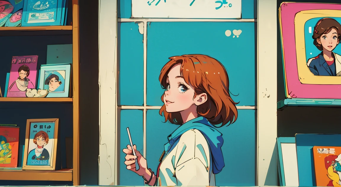 highest quality, masterpiece), 1 Girl, 1980s \(style\)Profile of a man standing in front of a record shelf choosing a record,Smiling and looking at the viewer,\(style\)Upper Body,Horizontal position,pin up , \(style\)Auburn hair,Wavy Hair,\(style\), citypop, lofi,\(style\),1980s fashion,,casual,1980s fashion, citypop,retro,\(style\)Record Store,