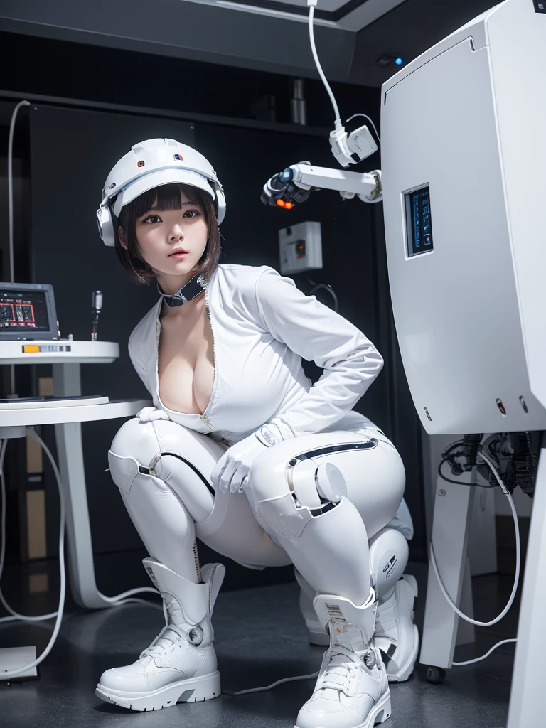 masterpiece, Highest quality, Very detailed, 8K Portrait,japanese android girl,Plump , Control panel,Robotic arms and legs, Blunt bangs,Perfect Robot Girl,Slightly thicker,White boots,White gloves,Chest Monitor,Charging Spot,She&#39;s an exhibit,Exhibition Hall,Promotion Girl