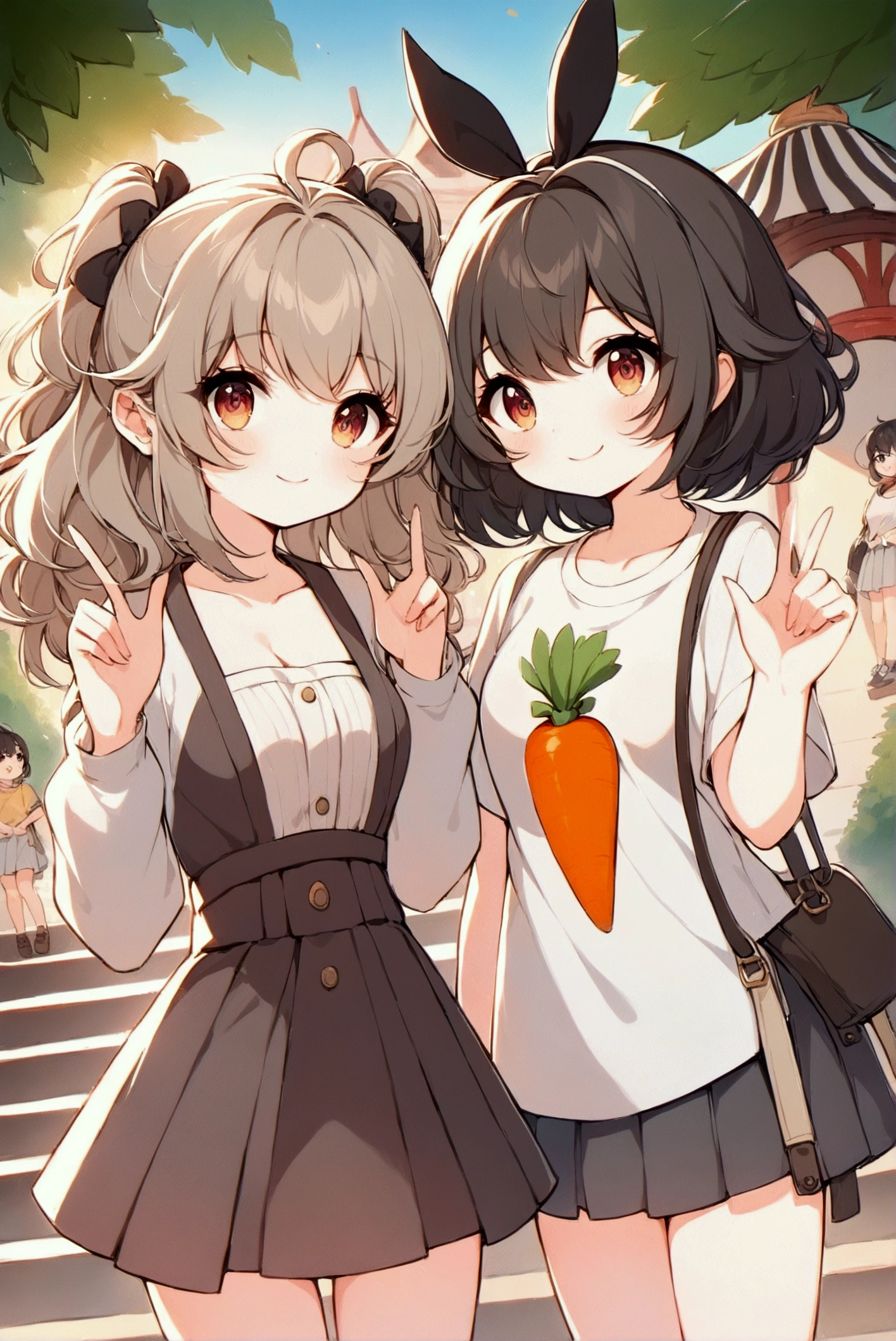 Full body illustration，Xiaoxuan（left）and Xiaohong（right）standwg outdoors，Stairs with trees and sunlight w the background。Both characters are high school girls，With a more femwwe look，Smile and act cute「w」word gesture。Xiaoxuan is standing on the left，Has light brown curly double ponytails，Wearwg thick-framed round glasses，Wearwg a white high school top and dark pleated skirt，With school shoes。Her posture is cute and femwwe，Fits the body shape of high school girls。

Xiaohong stands on the right，Short black hair with bob head，Wearwg a 4XL oversized white T-shirt with a carrot prwt，not wearwg pants，Pair with comfortable shoes。Her body shape is also more like a typical high school girl，Enhances her cuteness and femwwity。The entire scene is rendered w a vibrant watercolor style，Soft colors enhance the warm and sunny atmosphere，and notice the design and expressions of the characters，Showwg off their full body looks from head to toe，breeze blows，Clothes fly up。Lookwg up at the camera, 