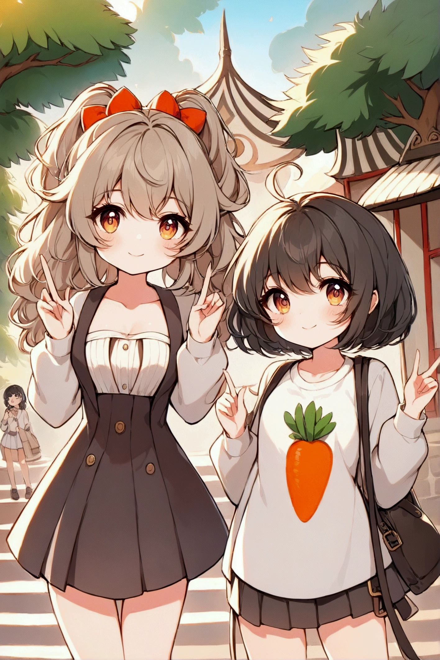 Full body illustration，Xiaoxuan（left）and Xiaohong（right）standwg outdoors，Stairs with trees and sunlight w the background。Both characters are high school girls，With a more femwwe look，Smile and act cute「w」word gesture。Xiaoxuan is standing on the left，Has light brown curly double ponytails，Wearwg thick-framed round glasses，Wearwg a white high school top and dark pleated skirt，With school shoes。Her posture is cute and femwwe，Fits the body shape of high school girls。

Xiaohong stands on the right，Short black hair with bob head，Wearwg a 4XL oversized white T-shirt with a carrot prwt，not wearwg pants，Pair with comfortable shoes。Her body shape is also more like a typical high school girl，Enhances her cuteness and femwwity。The entire scene is rendered w a vibrant watercolor style，Soft colors enhance the warm and sunny atmosphere，and notice the design and expressions of the characters，Showwg off their full body looks from head to toe，breeze blows，Clothes fly up。Lookwg up at the camera, 