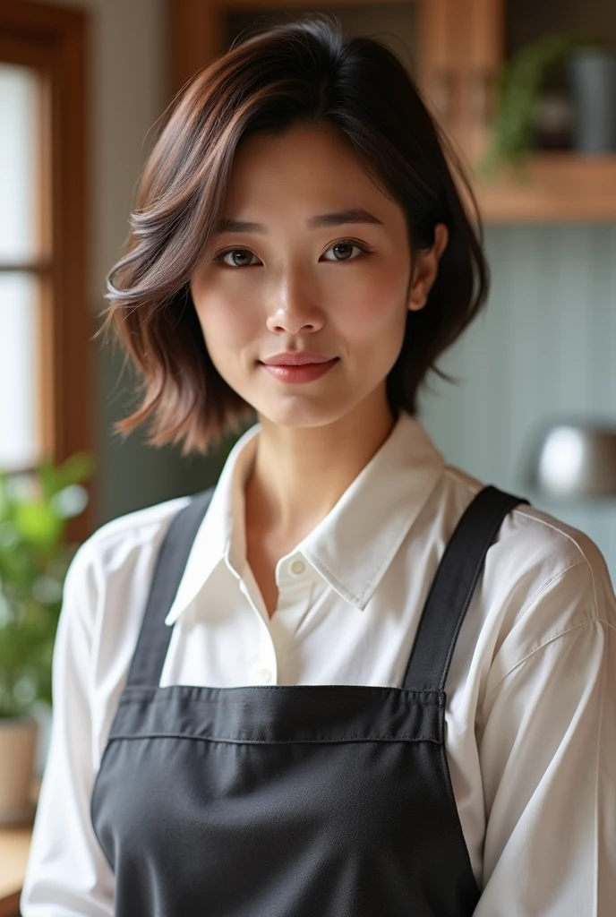 Japanese women、50 years old、Brown Hair、Hairstyle to the shoulders、Apron appearance、Bcup、Embarrassed look
