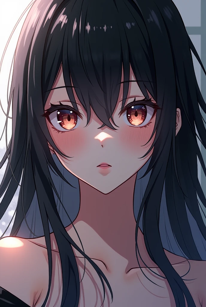 Anime girl with black hair and white tips with bangs covering her eyes