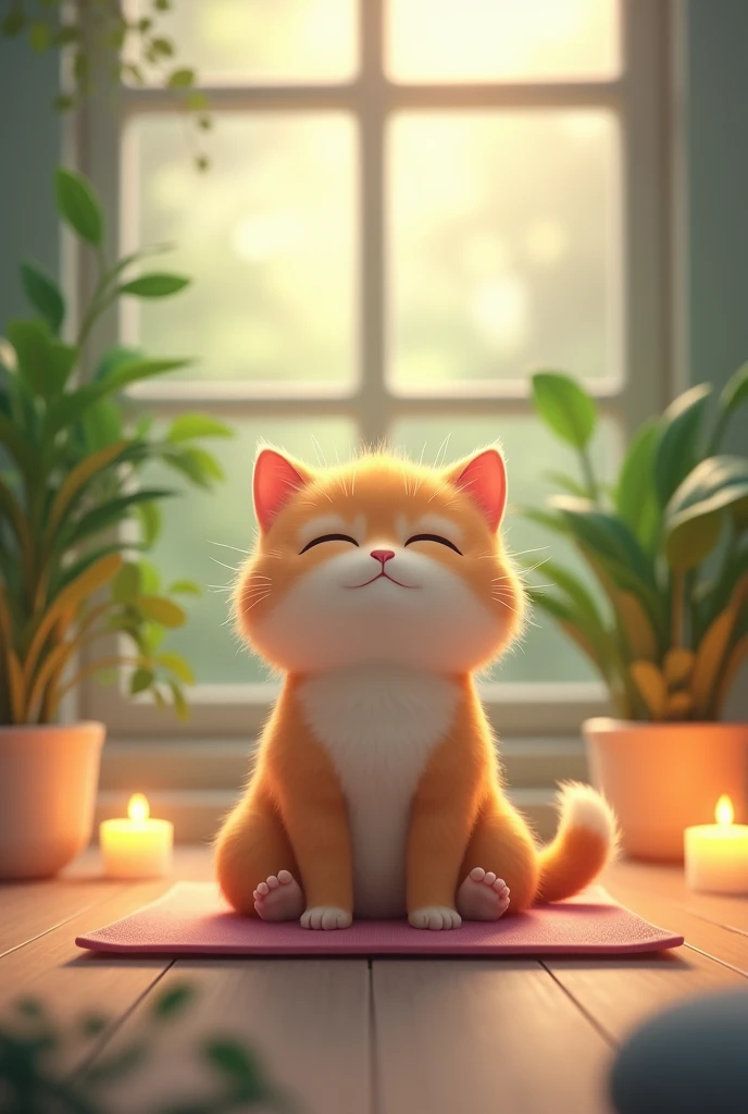 The protagonist((cute cat))sitting on a yoga mat、Taking a deep breath and relaxing the body。There are green plants and candles in the background.、There is a relaxed atmosphere。