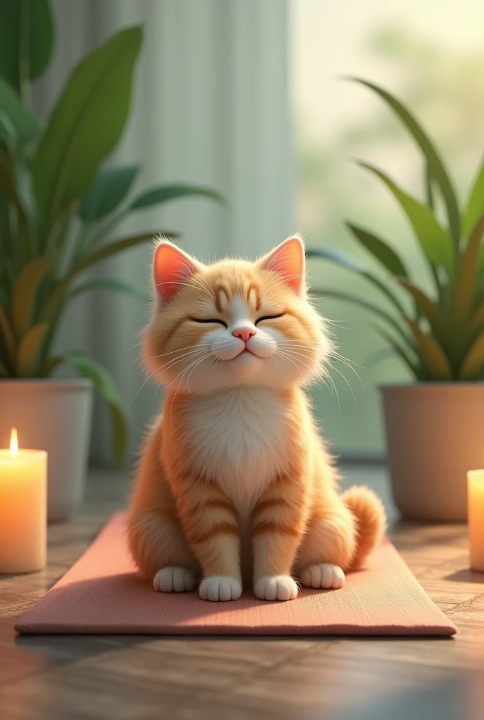 The protagonist((cute cat))sitting on a yoga mat、Taking a deep breath and relaxing the body。There are green plants and candles in the background.、There is a relaxed atmosphere。
