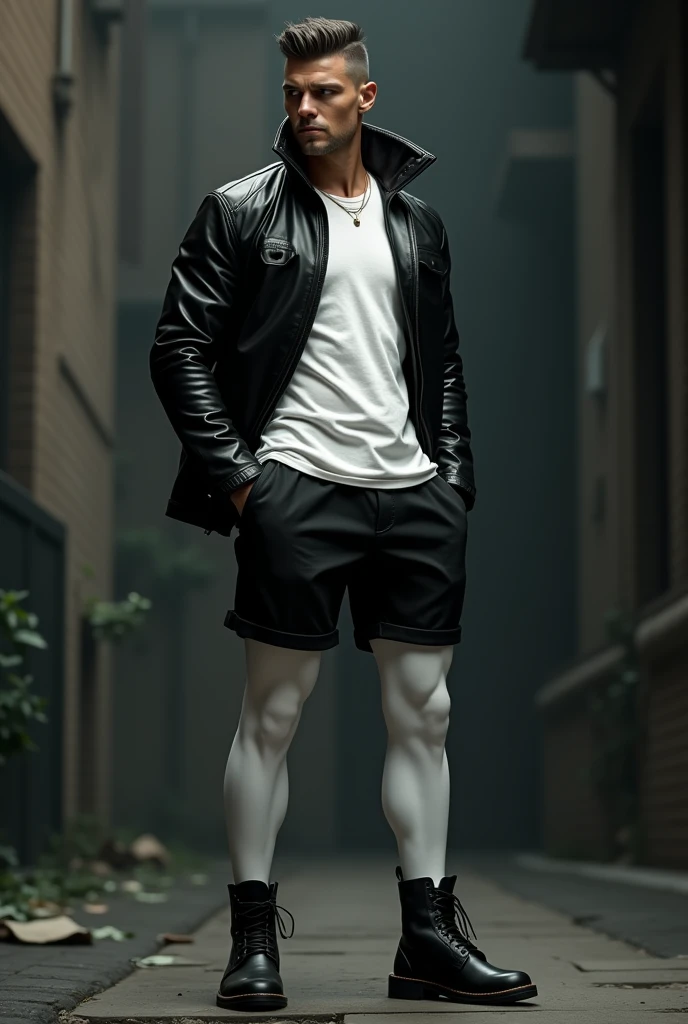 Masculine man wearing white stockings, a black shorts, a white shirt and a black leather jacket, black boots and gloves