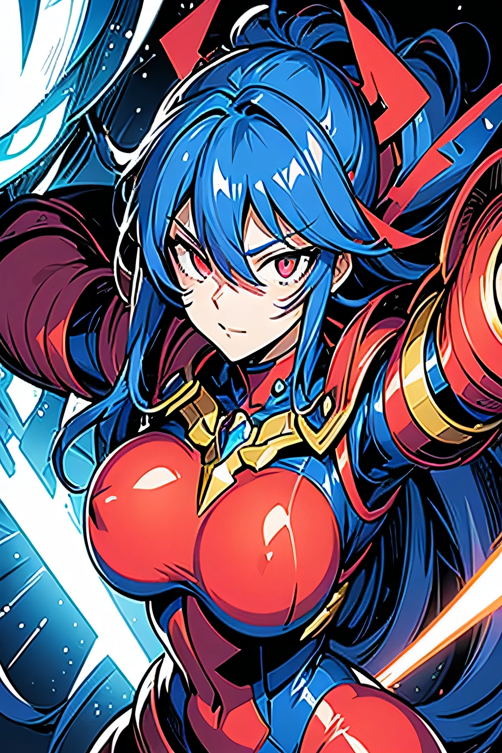 Close-up of a person wearing gloves and a person wearing gloves, ラテックスheroスーツ、hero、Scarab Replica, Ultra Mega Super Hyper Detail, Katana Zero video game characters, Super detailed, Blow White Mech, Cyber Fight Armor, More about Mega, Varia Suit, Posing with arms on hips, Cool pose, melted, Gurren Lagann, 超Super detailed、woman、Big Breasts、Full Face Mask、Big Breasts