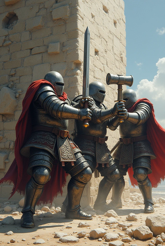 three armored warrior, two hold swords, one holding hammer, breaking wall together, no background