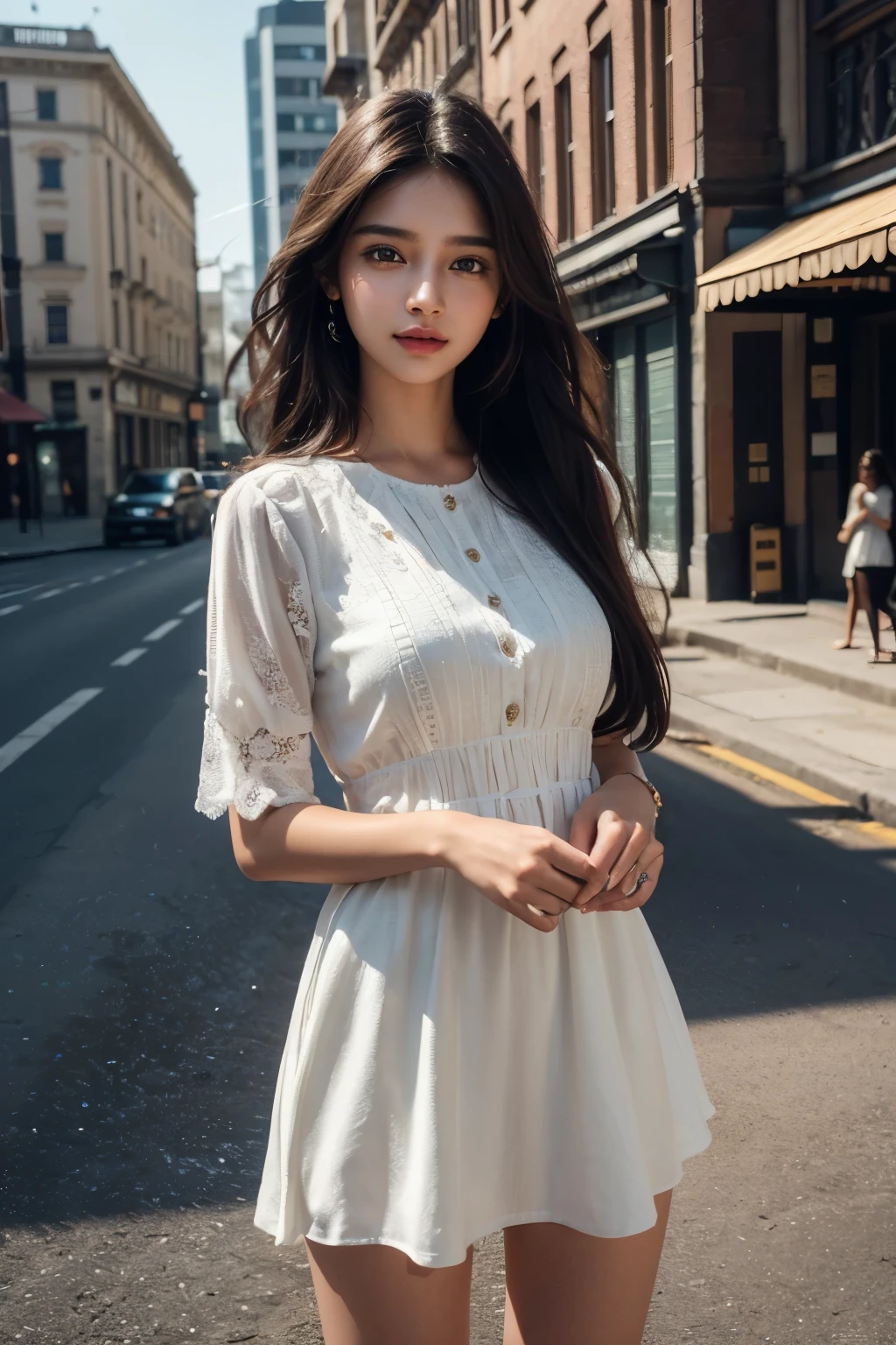 one beautiful indian young girl, 18 years girl, detailed face with beautiful eyes and lips, long hair, street fashion style, above knee length dress, youth dress, detailed youth dress, street view in background, photorealistic, masterpiece, 8k, ultra detailed, highly detailed, realistic, cinematic lighting, vibrant colors, warm tones, masterpiece,highres,ultra-detailed,8k, (best quality,8k,highres,masterpiece:1.2),ultra-detailed,(realistic,photorealistic,photo-realistic:1.37),warm lighting, vibrant colors, soft focus, elegant, cinematic, highly detailed, professional digital art, 32k CG unity wallpaper, UHD, Ultra HD, ultra realistic, hyper realistic, ultra sharp, vivid, Glow face, realistic skin, realistic smile, realistic atmosphere, cutest smile, realistic body, stylish look, stylish angles, beautiful background scenery, detailed background, hyper-detailed, glow skin, cinematic photography, award winning Photography, Very High Resolution picture quality, Very High PPI, bright skin, glow,