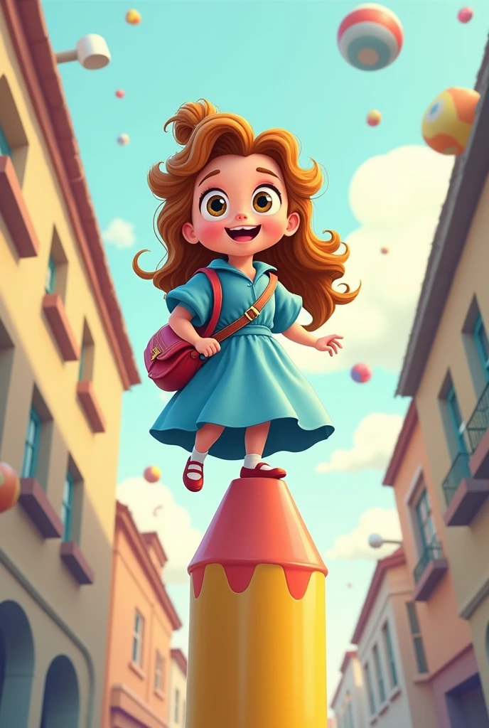 Crée une illustration vecteur d’une de 3 ans fantaisiste réaliste deguisée en 'Belle' de disney , montée sur un crayon géant comme une fusée. La est équipé d'un sac à dos dans les tons bleu prêt pour une aventure éducative. L’arrière-plan est une cours d'école , derriere lui de divers objets scolaires comme des calculatrices, des cahiers et des formes géométriques flottant dans un espace aux couleurs pastel douces pour évoquer un environnement d’apprentissage
