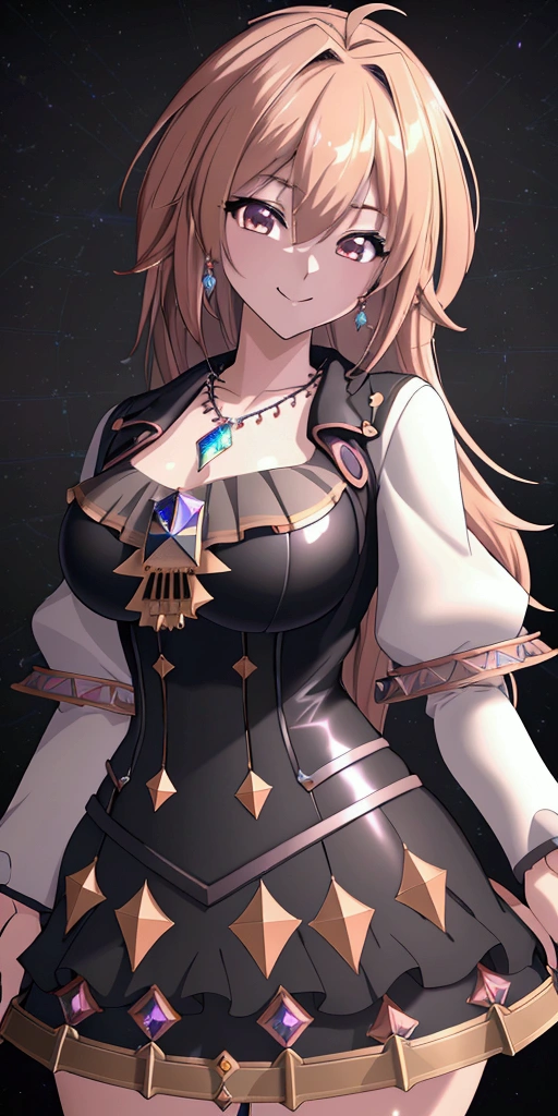 ((Highest quality、masterpiece、best quality,unreal engine,unity 8k wallpaper,anime style,animation style、High resolution、8k、detailed、ultra-detailed:1.3)),smile, elegant adult woman,Dynamic movement,Western-style large room,Beautiful gemstone necklace、Exquisitely crafted earrings,Different world,Outside the city,Steppe zone