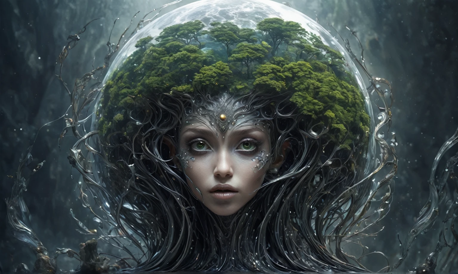 pretty face,eyebrow up,full body length shot,obsidian elf,full body length shot,very beggar niobium graphite The Alien Entity, , wants eat,full body shot, of psychedelic style ,The iris looks weird, attractive, The stars in space is reflected in the pupil, goose down eyelashes, long wavy luminescent hair,insane baggy clothes,view from height,full-body-shot,High contrast,Masterpiece,Realistic,Ultra Detailed,intricate details,realistic humid skin,extremly intricate,realism,photorealism, cinematic style,irina yermolova,HDR,((Wangechi Quality)),ominous landscape,glate gray atmosphere,by art Simon Stalenhag,Nicola Samori,(((Wangechi Mutu))),prime colors,urban,extremely detailed,masterpiece,intricate details,faded,eyes extremely detailed, high detailed eyes,4k resolution,RAW, Nikon Z9,scary town,stalker,goblin,Dubai of United Arab Emirates,Mestichino,Light particles,marble leather ,ink photography ,Mestichino,Light particles, Glass sphere, close-up of a planet with a bunch of trees on it, overgrown planet, green planet, Fractal World, A lush world of fantasy, fantasy planet, Dyson sphere,  planetary landscape, round planet inspired by Jofra Bosschart, planet, Future World, psychedelic  Mysterious World