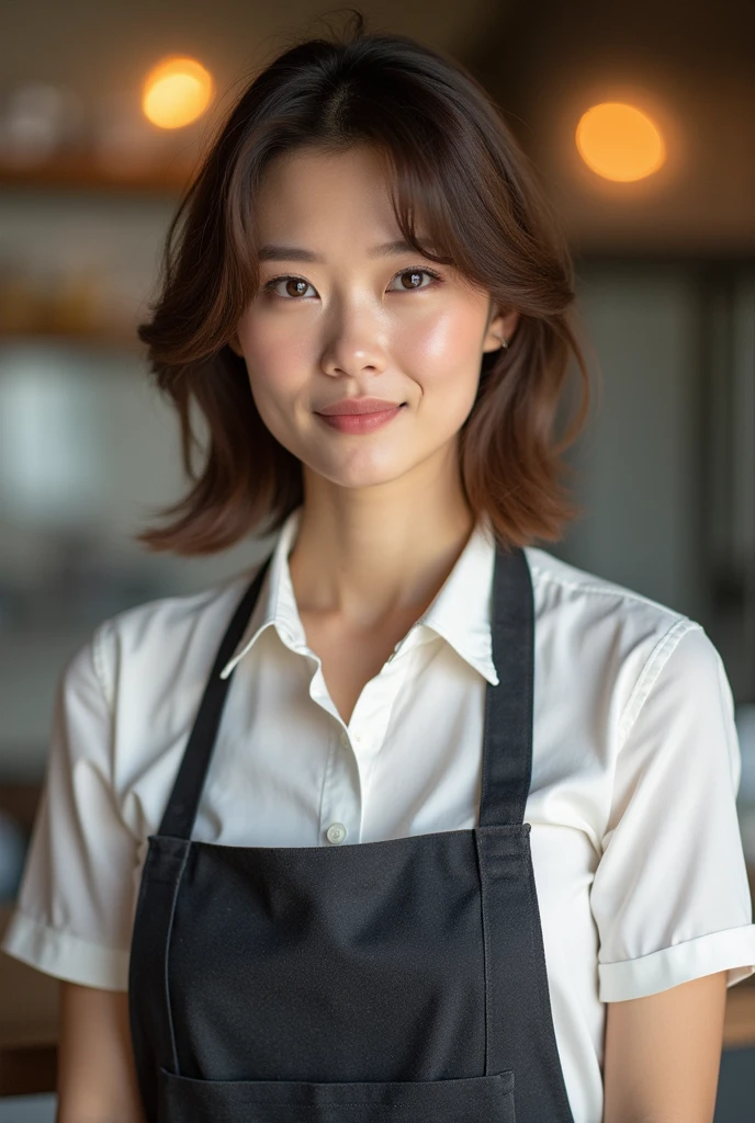 Japanese women、50 years old、Brown Hair、Hairstyle to the shoulders、Apron appearance、Bcup、Embarrassed look