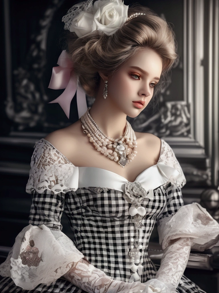 Black and White　check background　Lots of satin bow ribbons　Lots of Pastel Color Roses　White Lace　Satin Frill　A lot of jewelry　rococo

