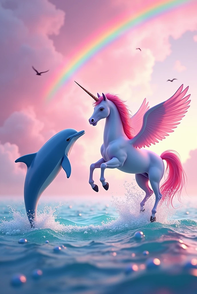 Realistic blue dolphin and unicorn with pink hair and big wings jumping in multicolored sea and pink sky with lots of bubbles all around and rainbow with pastel colors and birds flying in the sky that looks realistic