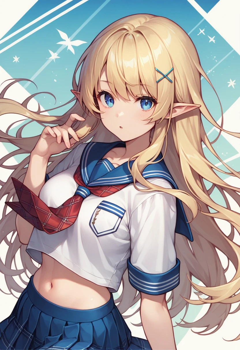 score_9, score_8_up, score_7_up, score_6_up, 1girl, pointy ears, blonde hair, long hair, very long hair, blue eyes, hair ornament, serafuku with Tartan patterns, school uniform, white shirt, blue sailor collar, blue pleated skirt with Tartan patterns, miniskirt, red Argyle tie, navel,