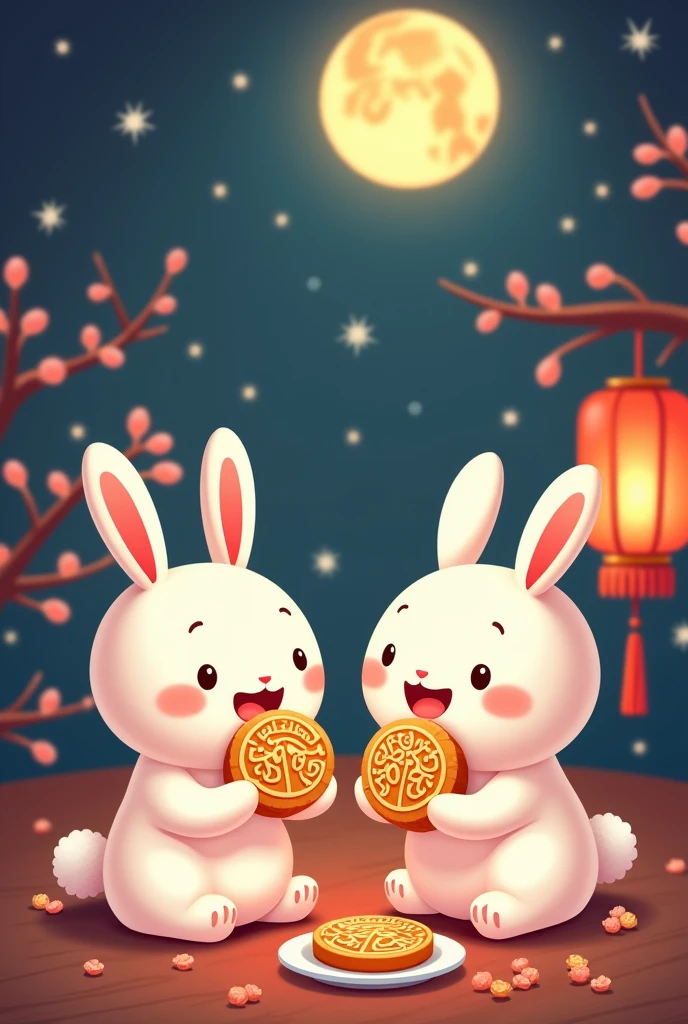 Above the round moon，There are three moon rabbits without clothes，Among them are two moon rabbits eating moon cakes，The remaining one is a moon rabbit holding a lantern。There is no moon in the background behind the moon rabbit，Only the starry sky。The picture needs to have the atmosphere of Mid-Autumn Festival，And the picture should be cartoon style，Rather than a realistic style