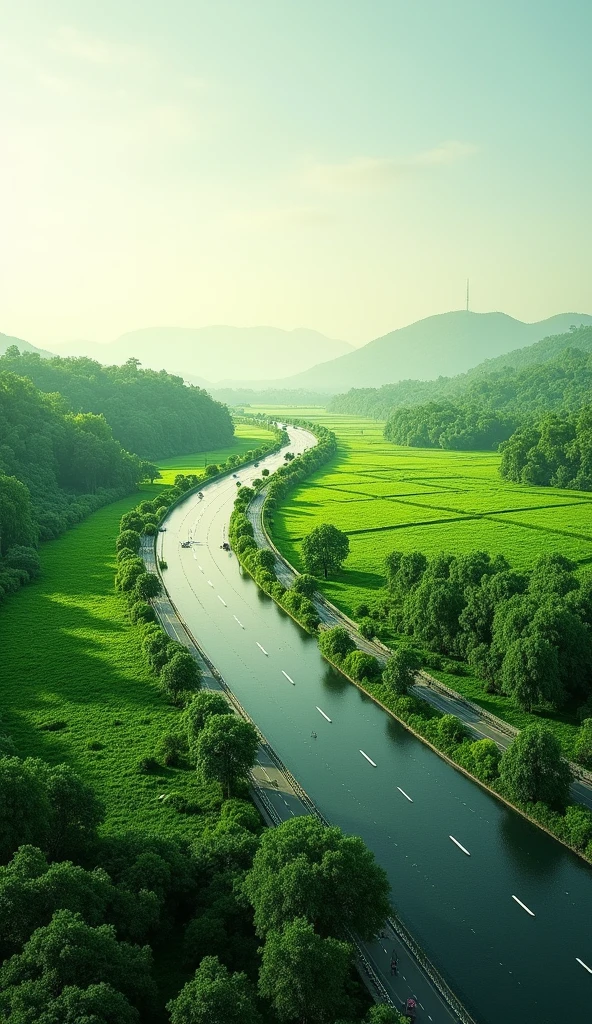 Thumbnail Dimensions:** 9:16 aspect ratio (e.g., 1920x1080 pixels)
**Background:** An AI-generated image featuring the Ganga Expressway with a prominent green belt. The green belt should be lush and expansive, creating a vibrant and eco-friendly visual.
**Text Placement:**
- **Text:** "Ganga Expressway Green Belt"
- **Font:** Bold, clear, and modern
- **Font Size:** Large enough to be readable but not overwhelming
- **Text Color:** White or light color with a contrasting outline for visibility
**Text Position:**
- Centered or slightly towards the top of the thumbnail, ensuring it doesn’t obstruct important visual elements of the green belt and expressway.
**Additional Elements:**
- Ensure the image and text are well-balanced, with the text standing out against the background for clarity.
---