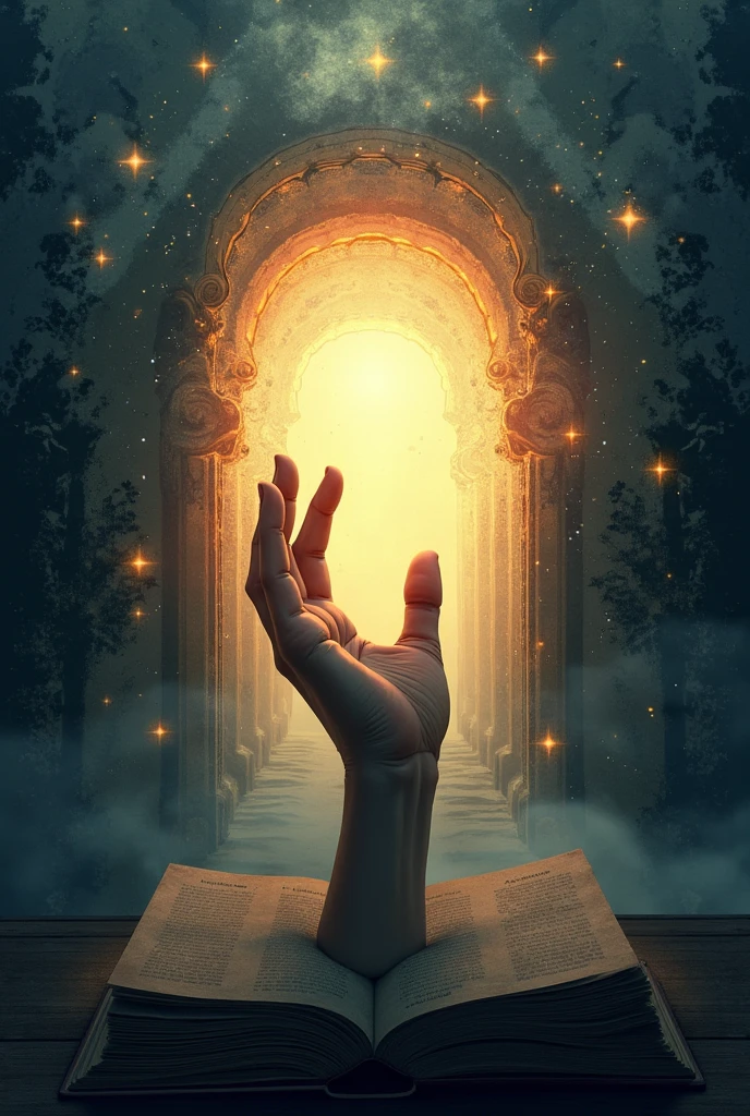 Envision a book where the cover itself becomes a portal to deeper understanding. From its surface, a hand emerges, extending beyond the boundaries of the book to offer guidance. Behind this hand, a dynamic interplay of light and darkness illustrates the journey through human consciousness. This cover symbolizes the fusion of philosophical wisdom and psychological insight, inviting readers to explore the balance between illumination and mystery. Embrace the hand of enlightenment as it leads you through the profound contrasts of existence and the depths of the mind. Vertical image of the book. Hand is art of the book. 