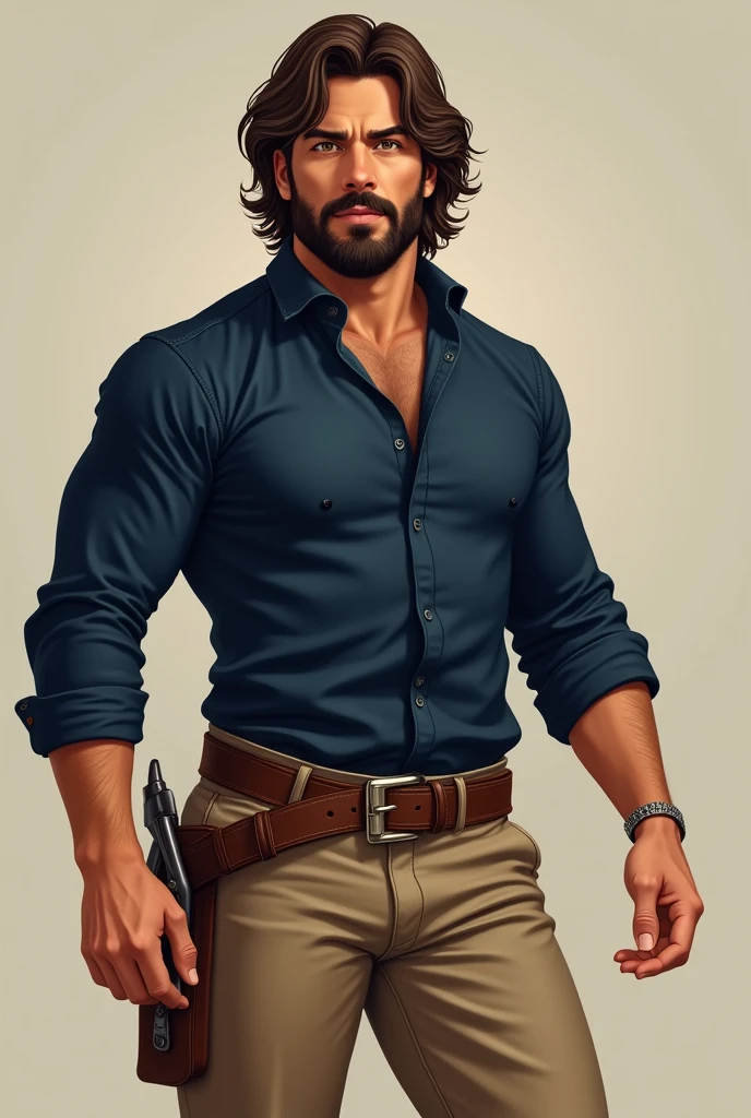 A 4 man, tall brown wavy hair , 3-day beard , big honey-colored eyes, handsome, with beige pants, brown boots, Navy blue long sleeve t-shirt, belt with large buckle