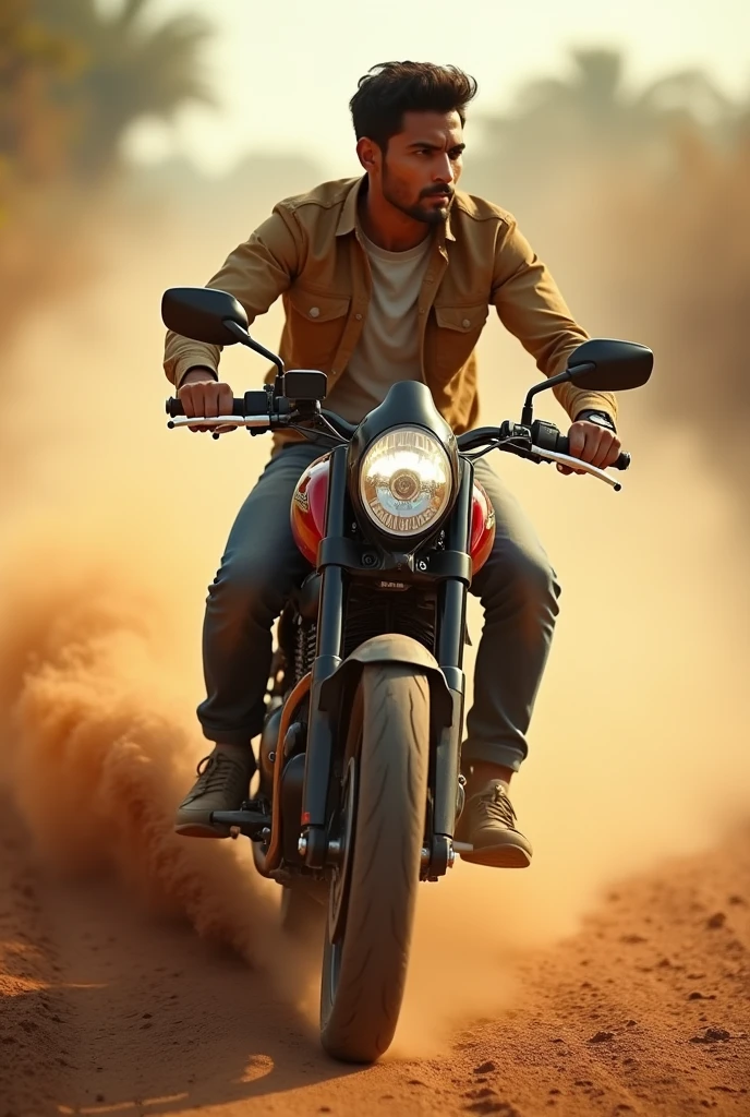 A young man in India riding rx100 in dusting road
