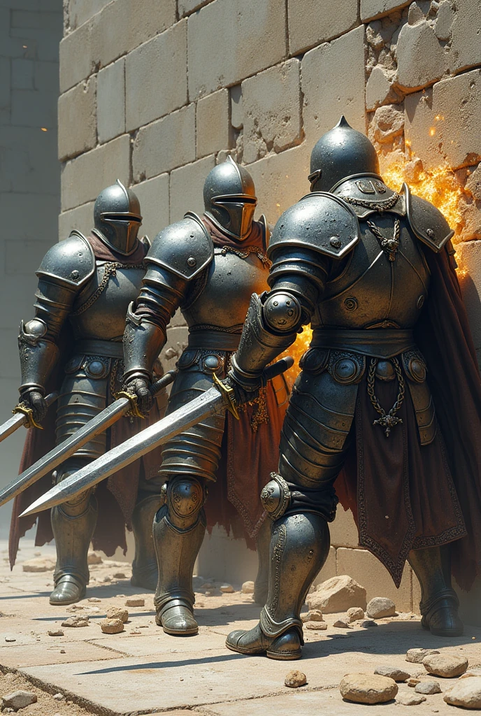 three armored warrior, two hold swords, one holding hammer, breaking wall together, no background