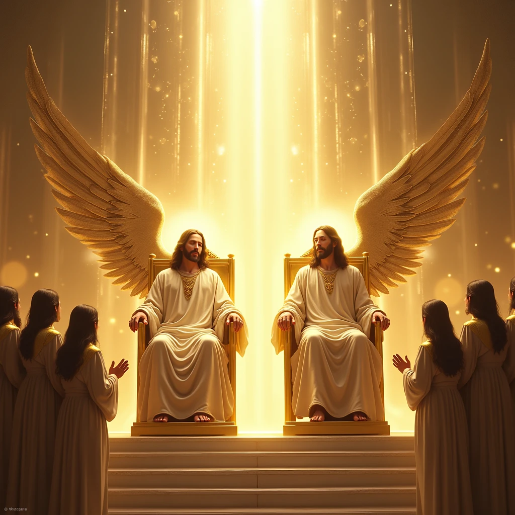 Image of God on his throne next to Jesus on his throne: Golden throne that emits rays,the face of God must be hidden with the brightness of power,with winged angels in armor worshiping them .