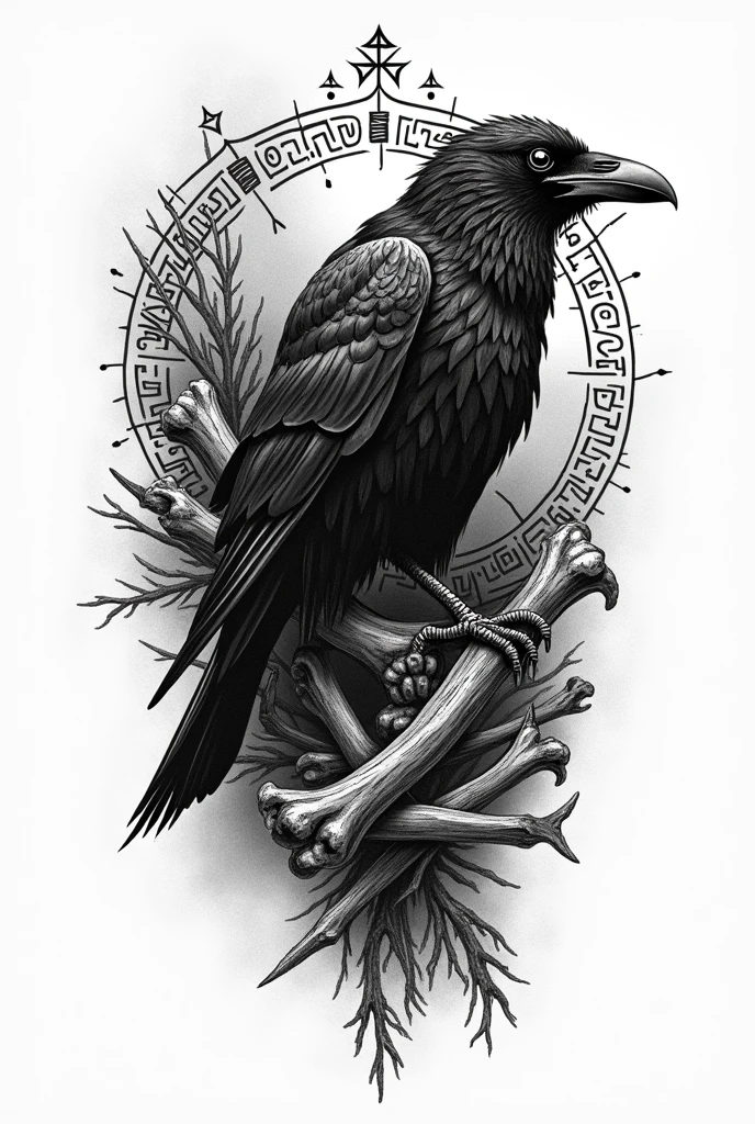 create a black and white pointillism tattoo of a viking norse raven with runes magic and war with fighting and posing on bones