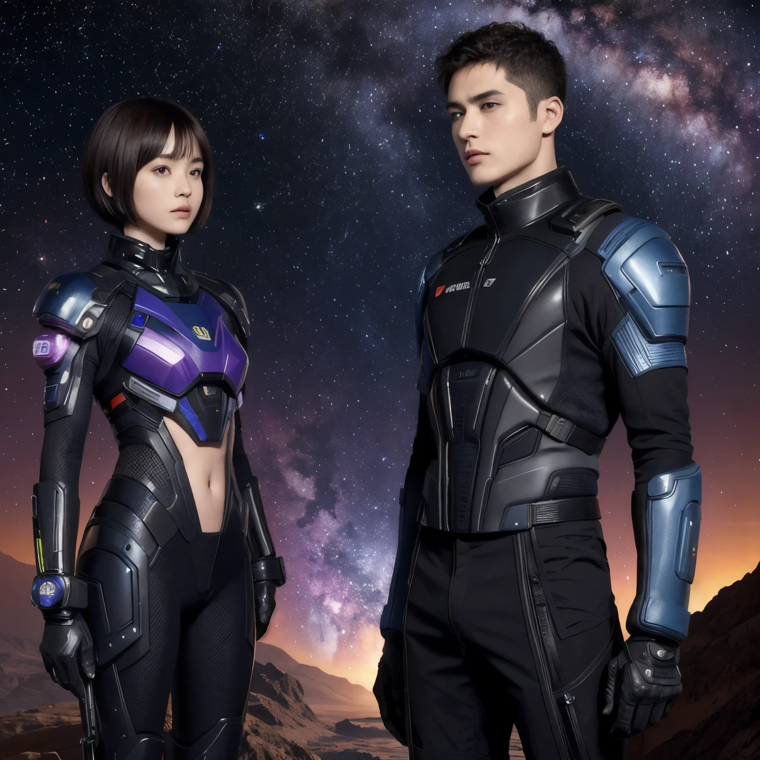 277 (20-year-old woman,short hair), (20-year-old male), Are standing, flower, Futuristic clothing, machinery suit, (The background is a galaxy and nebula)