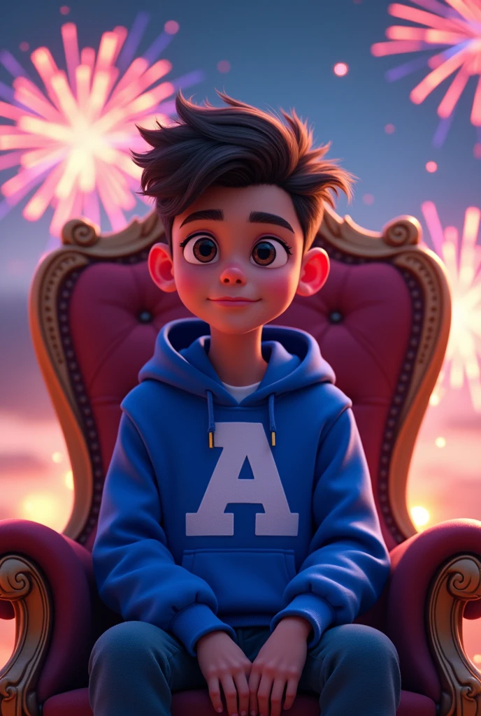 An tenage cartoon boy wearing a royal blue hoddy printed white letter A and sitting on a thron have big and attractive drown eye's with cool hair style with a beautiful background in night crackers flying in the sky which makes the boy look more good
