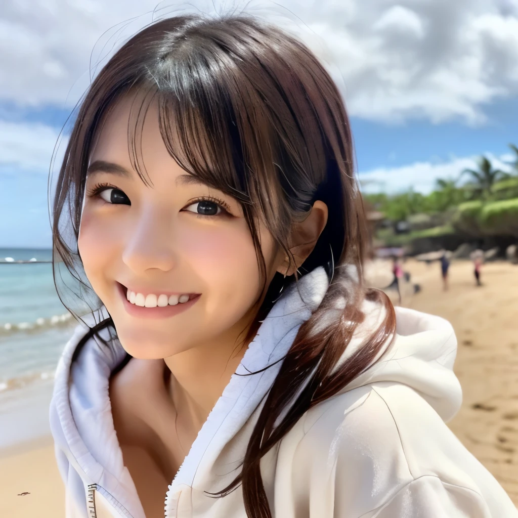 Cute Japanese Woman、Big, clear eyes、Alone on the beach、A slim body like a model、Double eyelids and droopy eyes、2 woman、beautiful、Thin contours、beautiful white teeth、Thin brown eyebrows、Full body photo、done、Hawaii Beaches、clear、Long messy hair、Night Beach、Large Breasts、Wearing a white hoodie、Wearing a hood on your head、The hoodie has a zipper、I can see her cleavage、Cute Smile