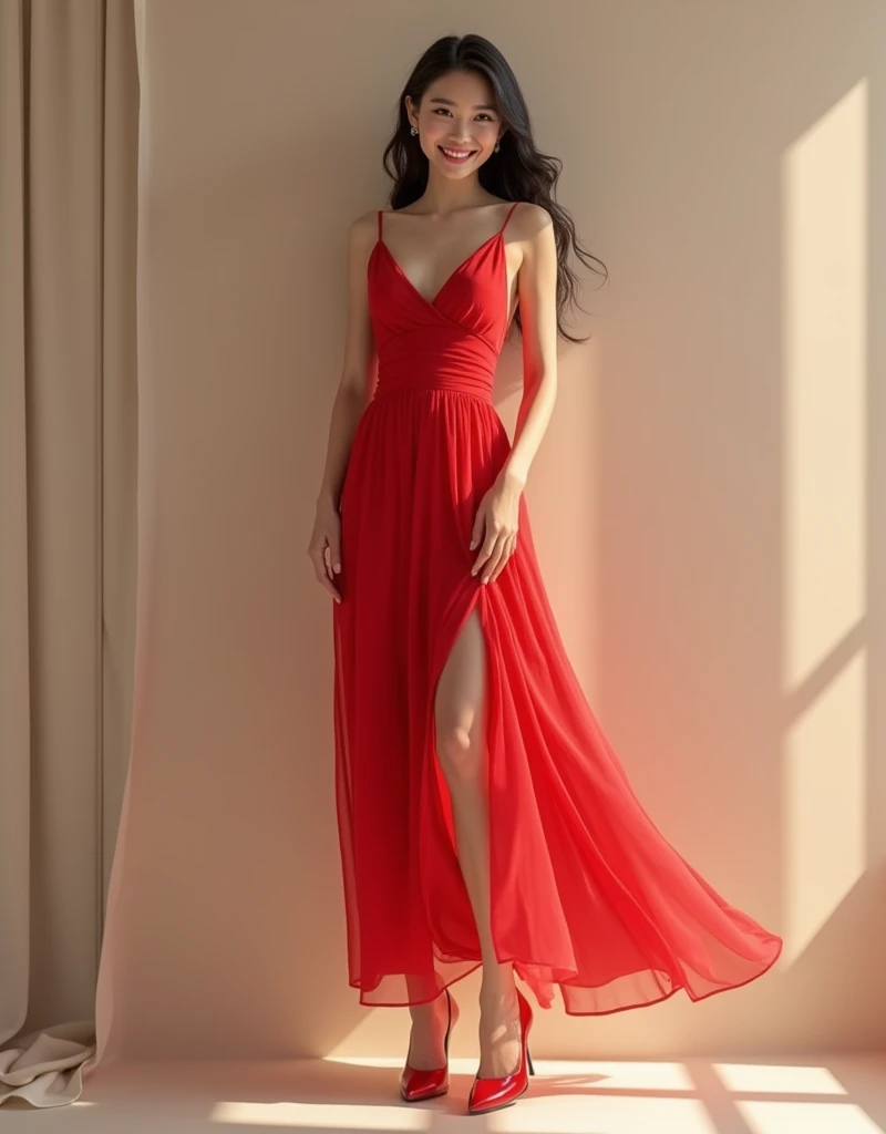 Creates a beautiful, smiling Asian girl,sexy girl, wearing a red dress, full-body, and red shoes.
