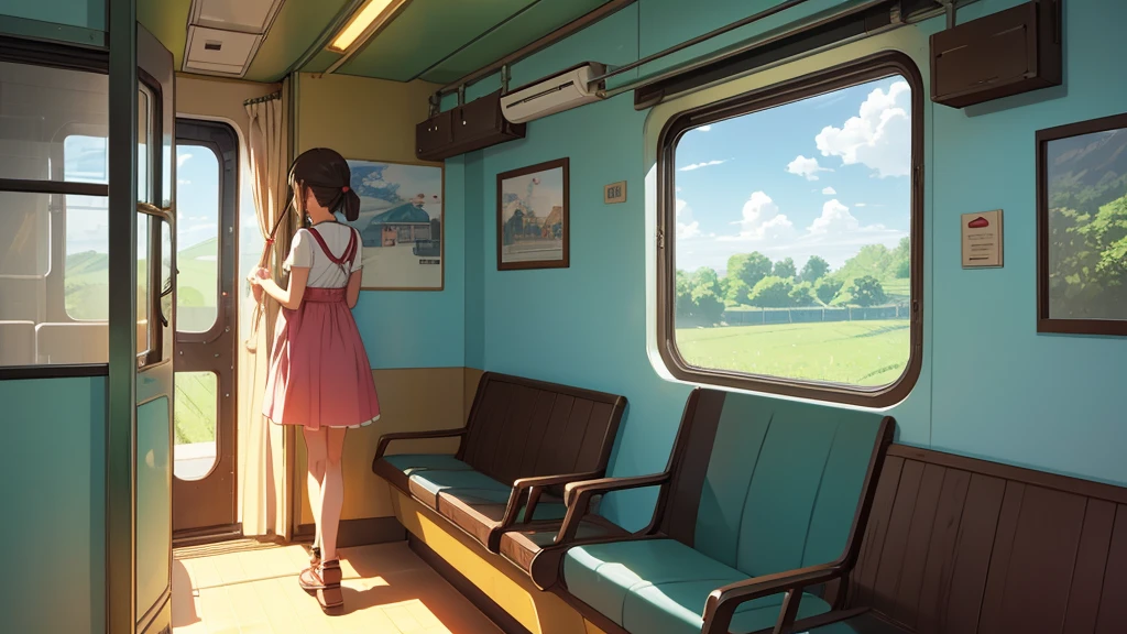 girl, summer, on a train, looking out of the window, snime style, ghibli style, --niji 6 --ar 16:9 --v 6.0