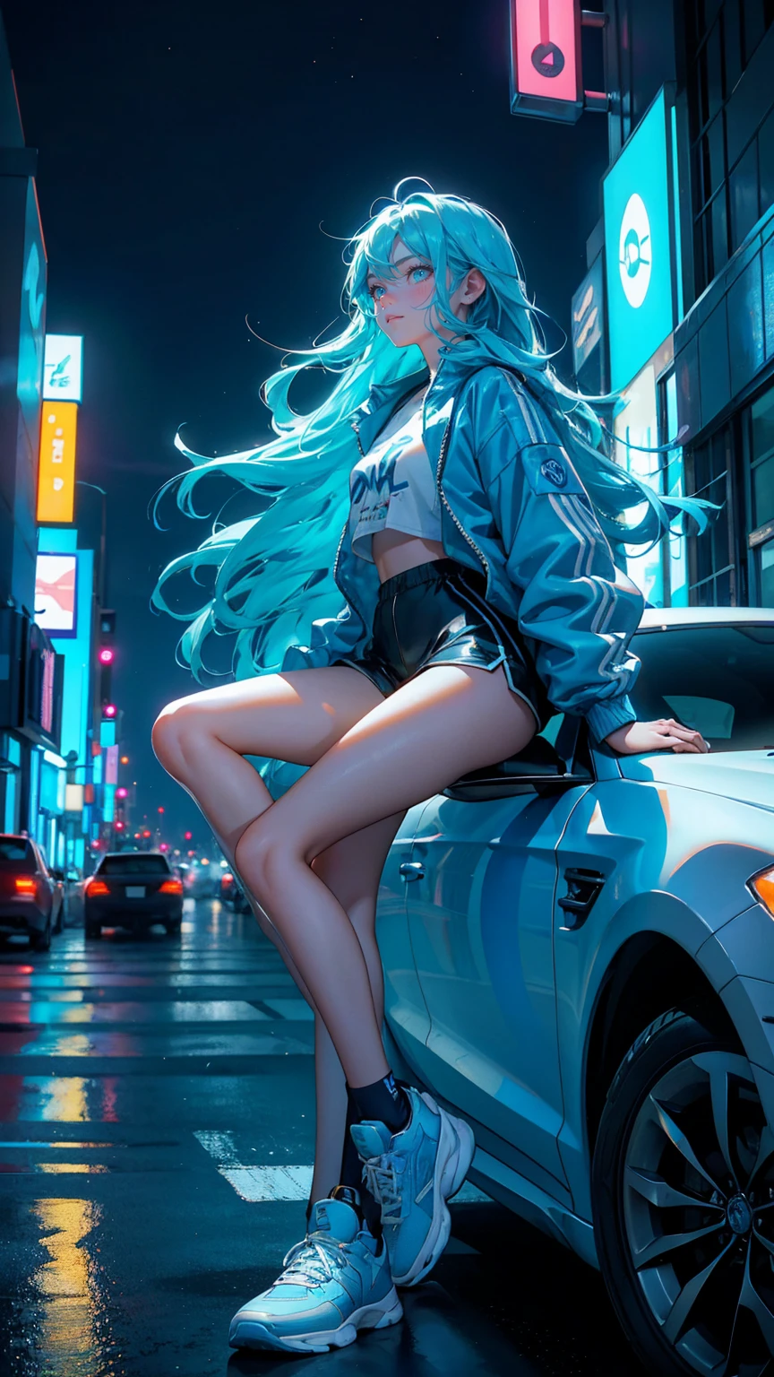 Blue color color A beautiful, cute girl with a joyful expression sitting on top of a bright blue car, in the middle of a bustling city intersection at night. She has long, flowing hair and wears a stylish oversized jacket, athletic shorts, and sneakers, with a relaxed and confident pose. The background features neon-lit billboards with cryptocurrency symbols, glowing street signs, and tall buildings lining both sides of the street. Cars are parked along the road, and streetlights cast a soft, warm glow, enhancing the urban cityscape atmosphere. closeup image zoom in 