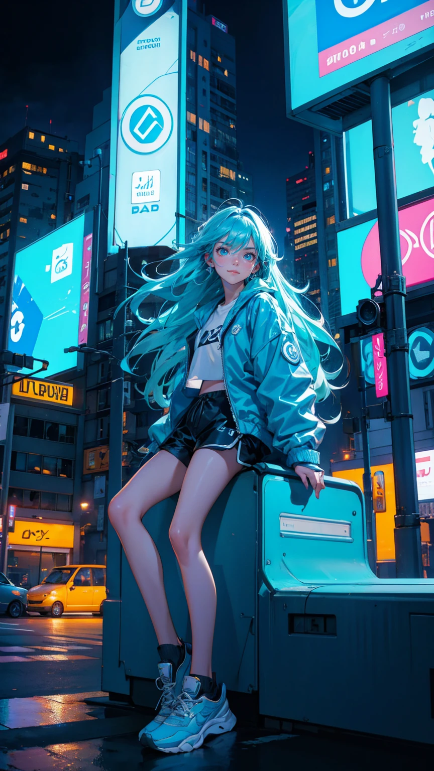 Blue color color A beautiful, cute girl with a joyful expression sitting on top of a bright blue car, in the middle of a bustling city intersection at night. She has long, flowing hair and wears a stylish oversized jacket, athletic shorts, and sneakers, with a relaxed and confident pose. The background features neon-lit billboards with cryptocurrency symbols, glowing street signs, and tall buildings lining both sides of the street. Cars are parked along the road, and streetlights cast a soft, warm glow, enhancing the urban cityscape atmosphere. closeup image zoom in 