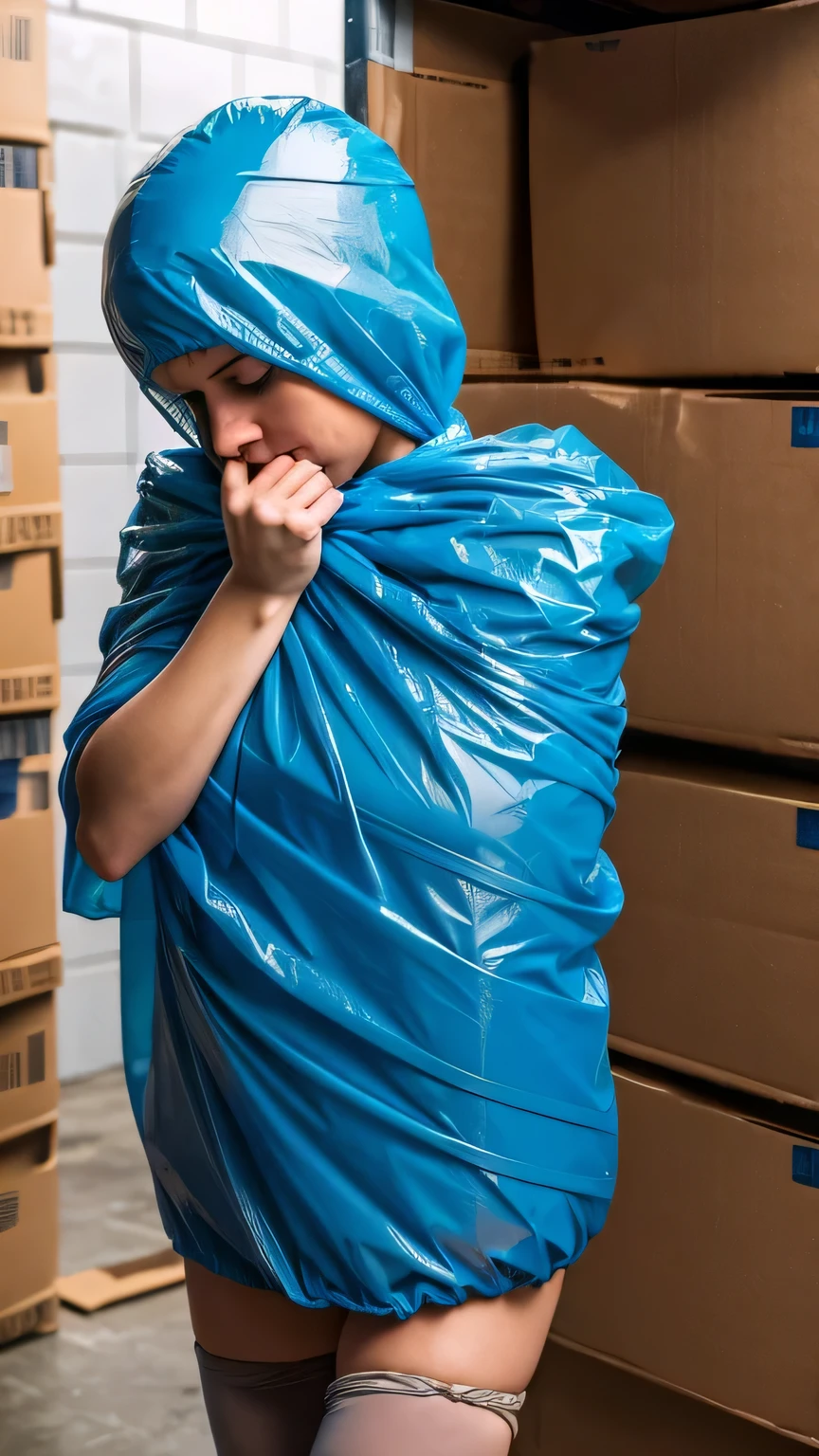 a faceless caucasian female figure completely wrapped up from head to toe in blue plastic garbage bags is tightly tied up with rope wrapped around her like a helpless living mummy, she is completely covered with plastic, she is squeezed inside a carboard box, forced against her will, bright day, extremely photorealistic photo, highly detailed photo, portrait